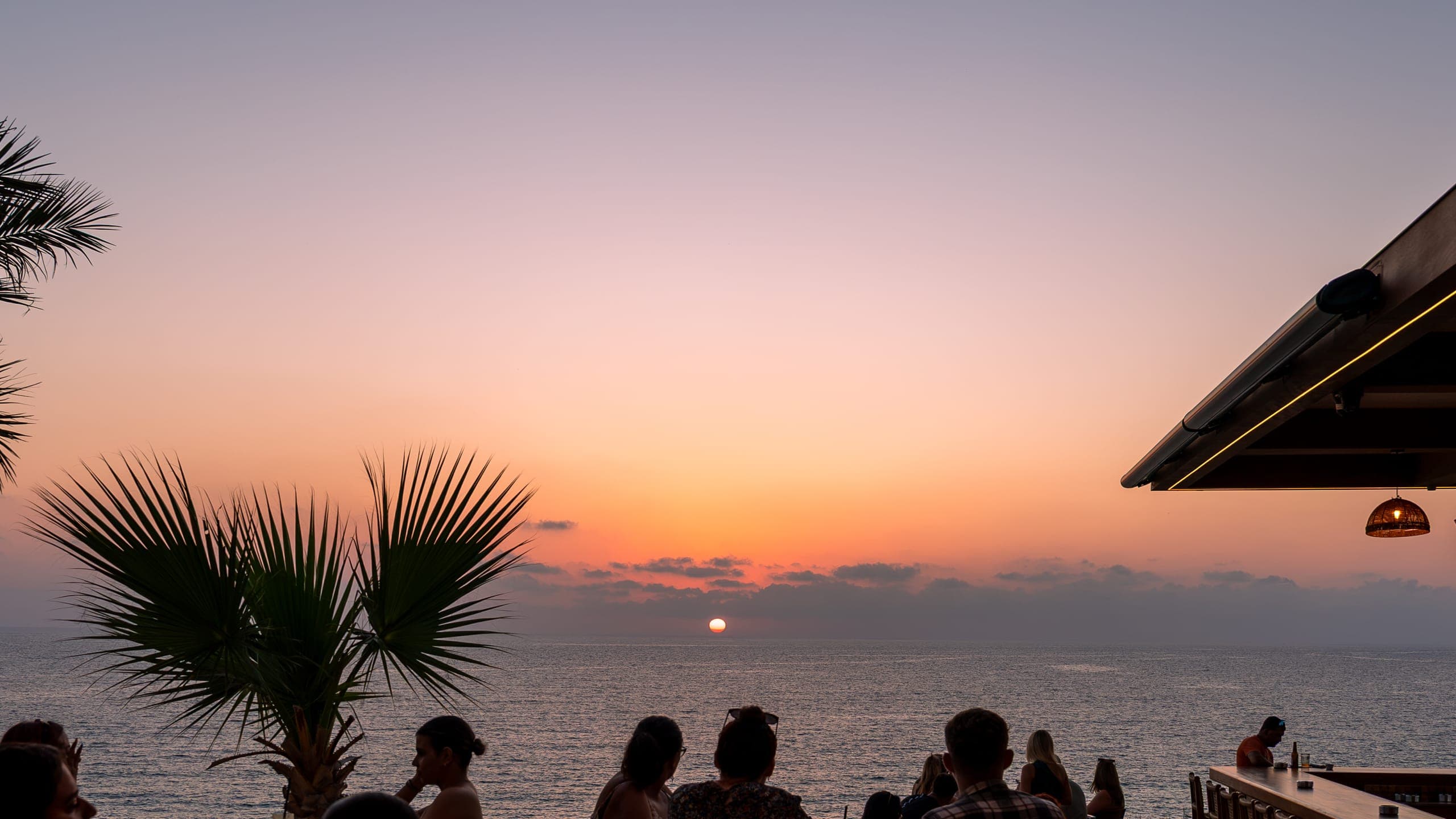Guests silhouetted in the foreground against a low sun on the horizon, a palm frond at the left edge and the pergola roofline at the right.